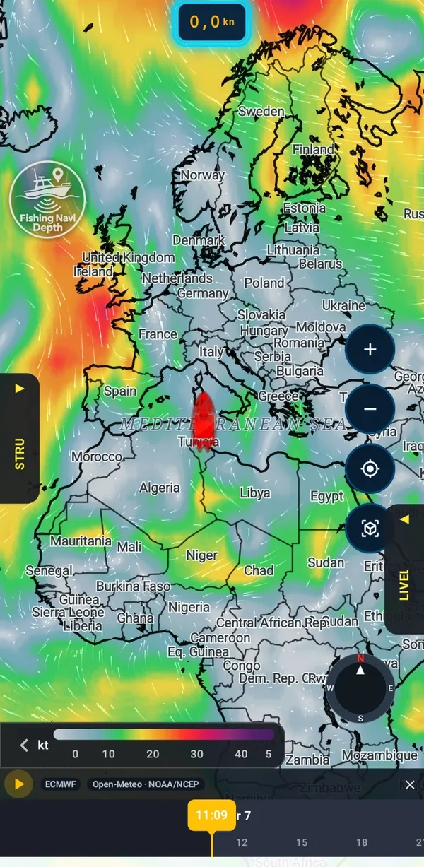 La carta meteo di FND: il vento colorato su Europa e Africa con costa e confini