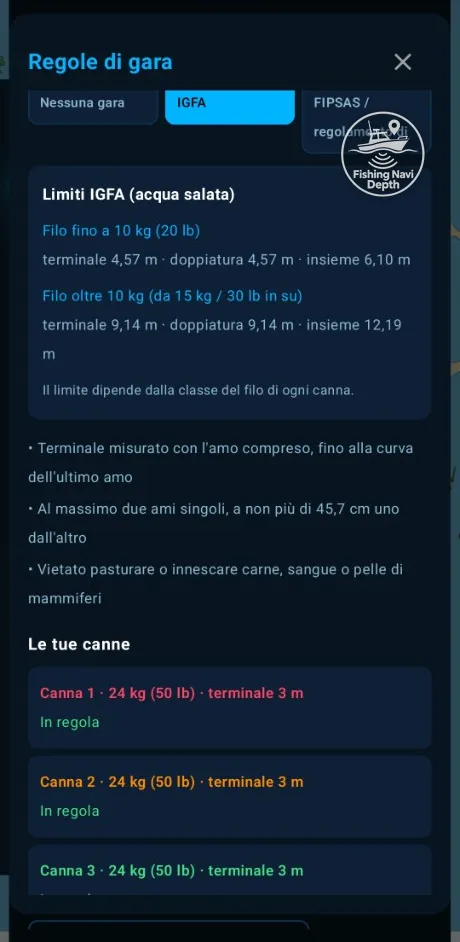 Regole di gara IGFA: limiti di terminale e doppiatura, canne in regola