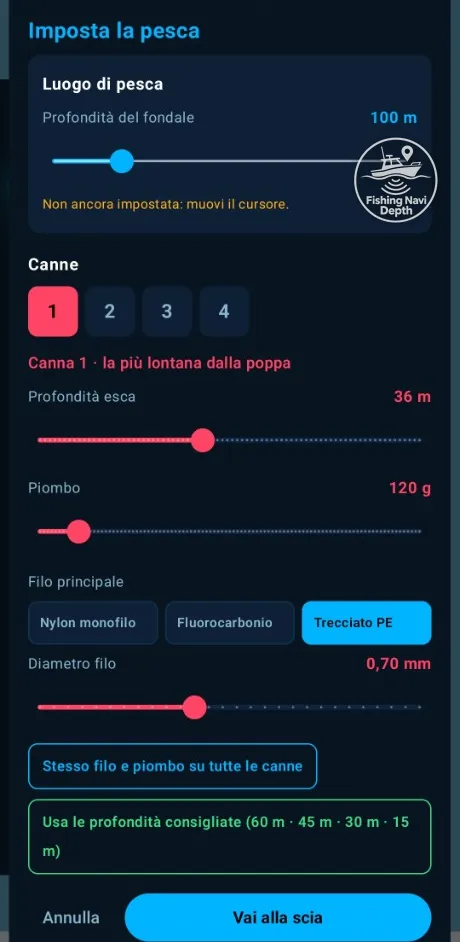Imposta la pesca: fondale, profondità esca, piombo e filo per ogni canna